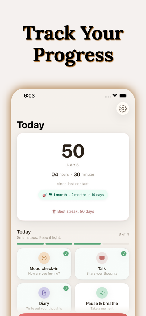 No Contact Tracker: Breakly - Breakly app interface showing a 50 day no contact streak and wellness progress widgets