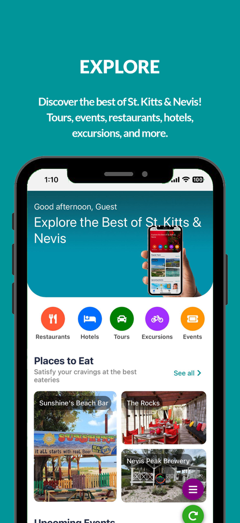 Explore screen of the CaribeZyne travel app showing restaurants and activities in St. Kitts and Nevis.