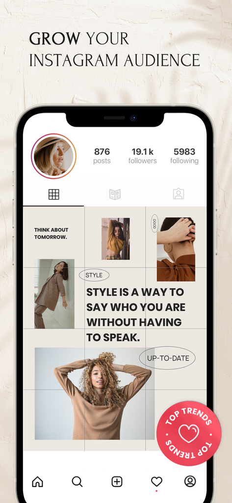Feeds: Post & Template Maker - A smartphone showing a professional and curated Instagram feed layout with fashion photos and aesthetic text