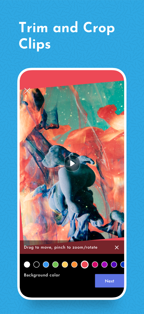 Screen showing trim and crop features with background color selection in the Montage Video Maker app