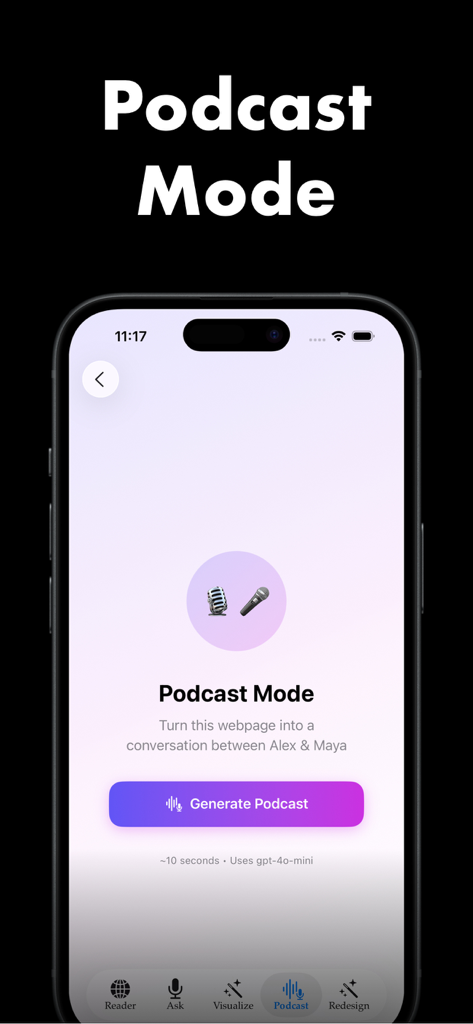 Auto Clicker - Auto Click AI - Interfaccia della Modalità Podcast IA per convertire pagine web in conversazioni audio.
