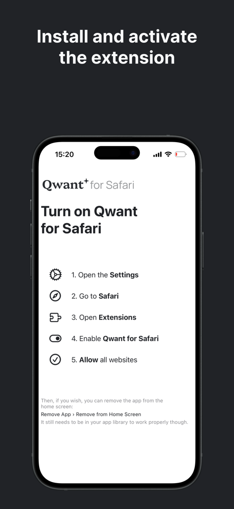 Qwant for Safari - Schermata con istruzioni passo passo che mostra come abilitare l'estensione Qwant per Safari nelle impostazioni di iOS