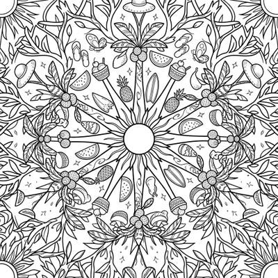Escape to a vibrant summer world with this intricate Kaleidoscope Trees coloring page. Its mesmerizing radial design blends lush arboreal patterns with playful beach elements, offering a unique artistic challenge.