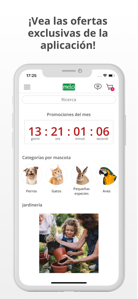 Melo Pet & Garden - Melo Pet and Garden app home screen showing exclusive promotions and pet categories for dogs and cats