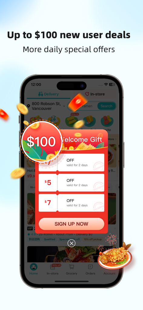 Fantuan Delivery app showing a new user welcome gift pop-up with up to 100 dollars in deals and daily special offers.