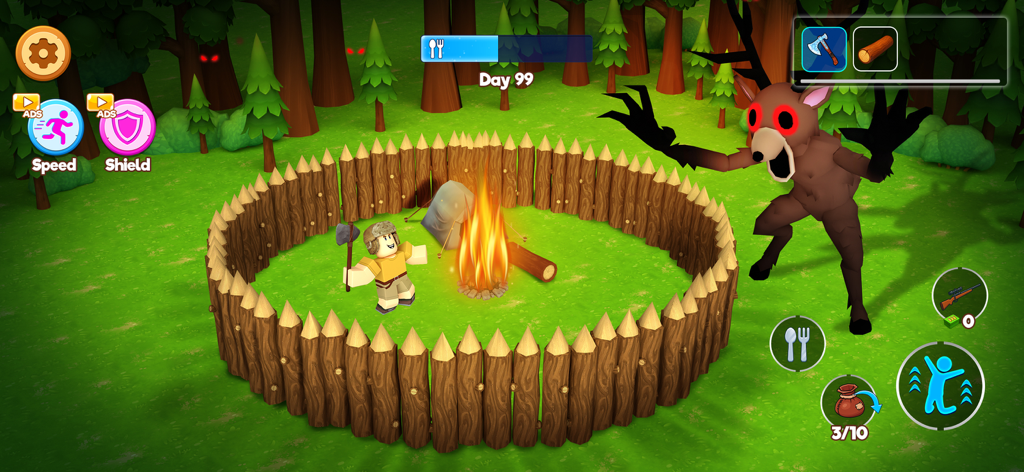 Survive in 999 Nights Forest - A survival game scene with a character defending a campfire base from a scary deer creature at night