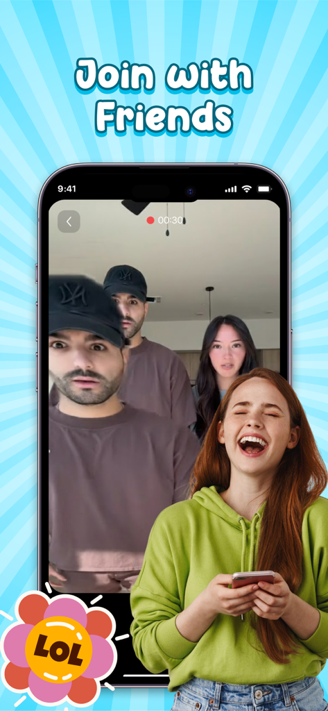 A laughing girl using the Falling Filter app to record a prank video with her friends.