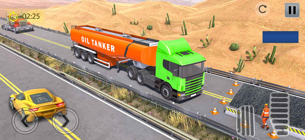Offroad Euro Truck Driving Sim - Un camión verde lima arrastrando un remolque cisterna de petróleo naranja por un paisaje de autopista desértica