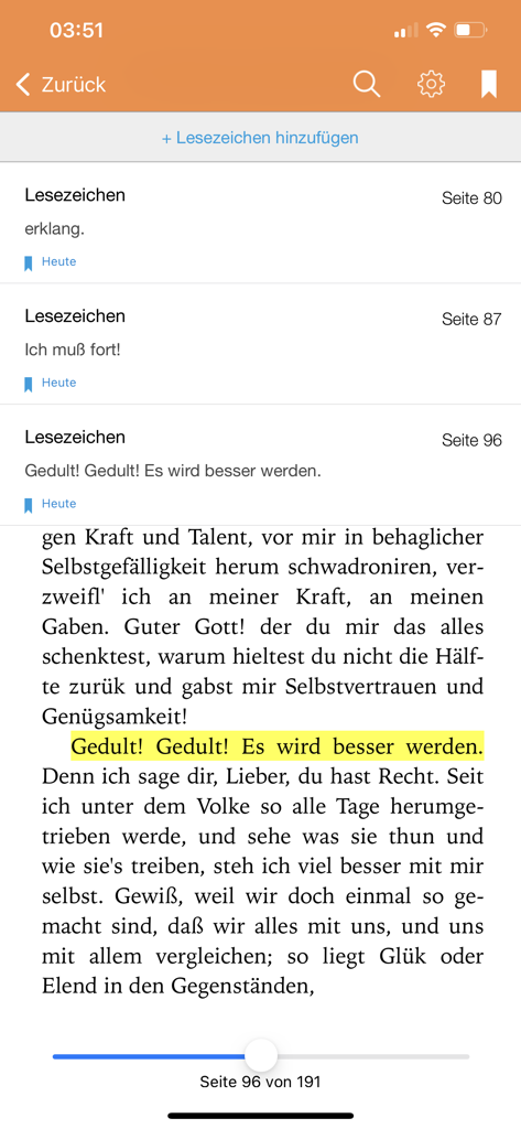 Deutsche Klassiker - The reading interface of the Deutsche Klassiker app displaying bookmarks and a highlighted sentence in a German literary text.