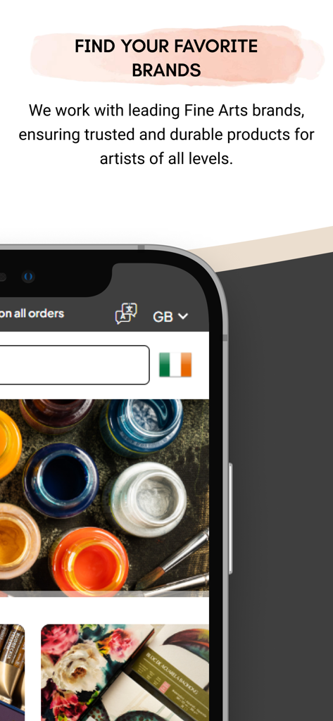 Artemiranda - Mobile app interface showing colorful jars of professional artist paints and fine art materials