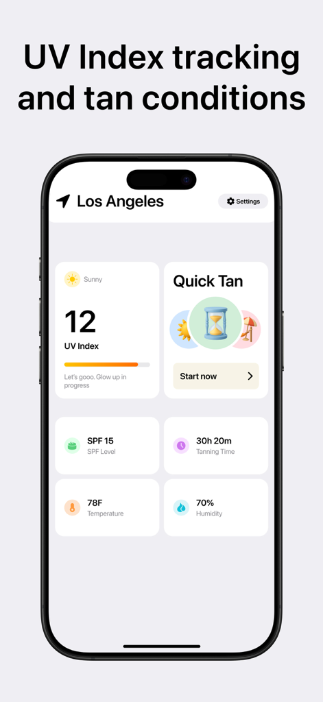 Sunglow: Tanning, Rayz Tracker - Smartphone-Bildschirm, der das Sunglow-App-Dashboard mit UV-Index-Tracking und Bräunungswetterbedingungen zeigt.