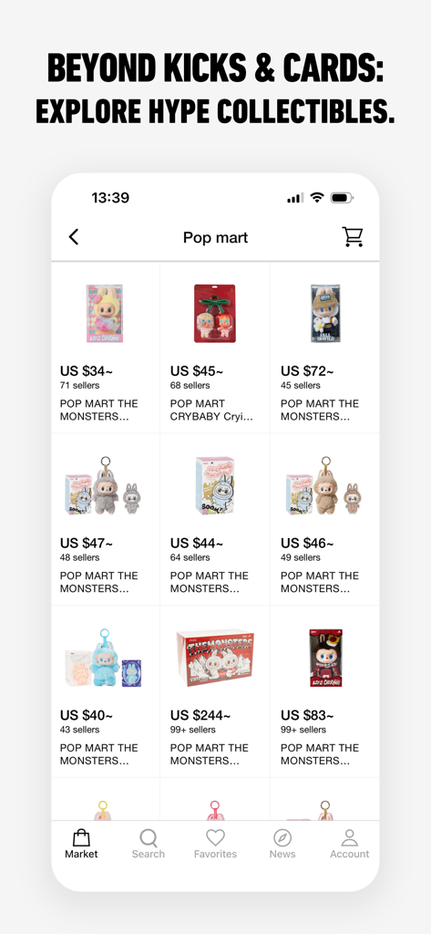 SNKRDUNK app screen displaying Pop Mart collectible figures and designer toys with prices in USD