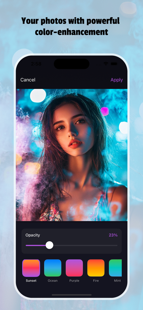 Photo Edit Studio+ - Una foto de retrato siendo editada en Photo Edit Studio plus con opciones de mejora de color y filtro de gradiente como Atardecer y Océano