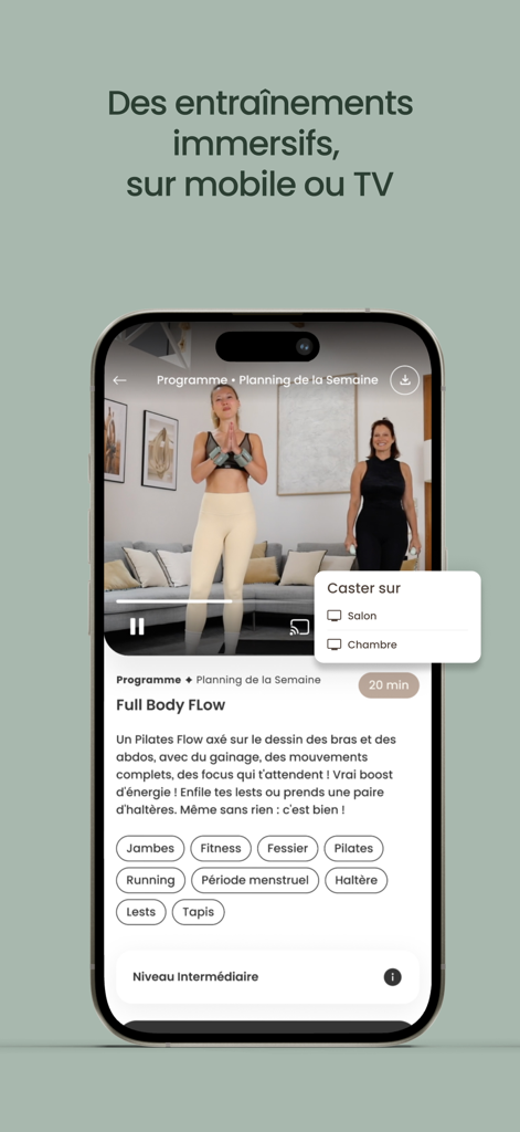 BBA Studio - Application BBA Studio affichant un entraînement de Pilates avec un menu pour diffuser la vidéo sur une TV.