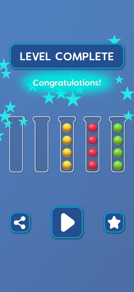 Sort Ball: Arrange Color Tubes - Sort Ball level complete screen showing sorted colored balls in glass tubes