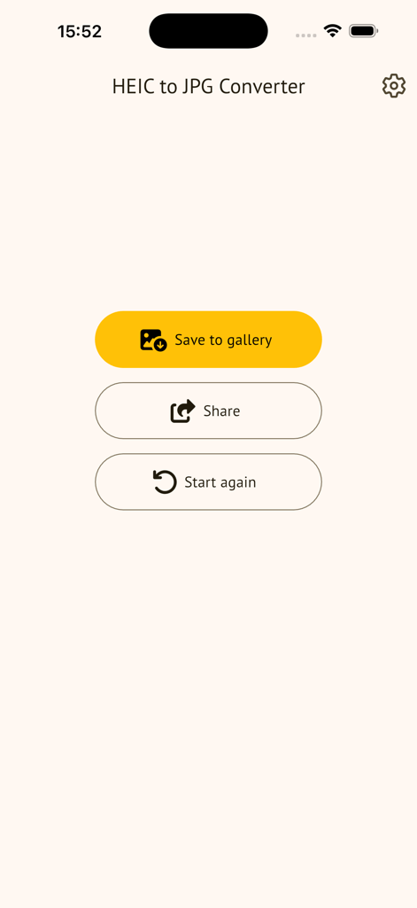 HEIC to JPG Converterアプリのインターフェース。変換済み写真をギャラリーに保存、共有、または新しい変換を開始するオプションが表示されています。