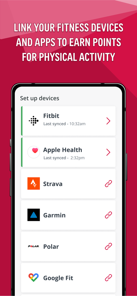 Tela do aplicativo AIA Vitality para conectar dispositivos de fitness como Fitbit e Apple Health para ganhar recompensas