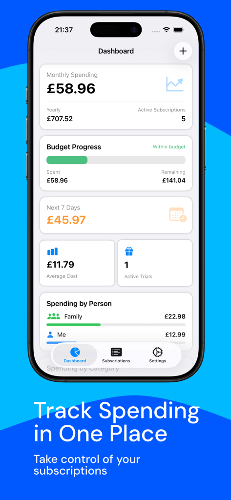 Track Subscription: ManageSubs - ManageSubs mobile app dashboard showing monthly spending and budget progress