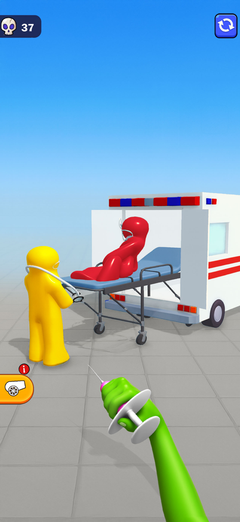 救急車のそばで、くだらないキャラクターたちを狙う巨大な注射器を持った緑の手をファーストパーソン視点で見た様子。
