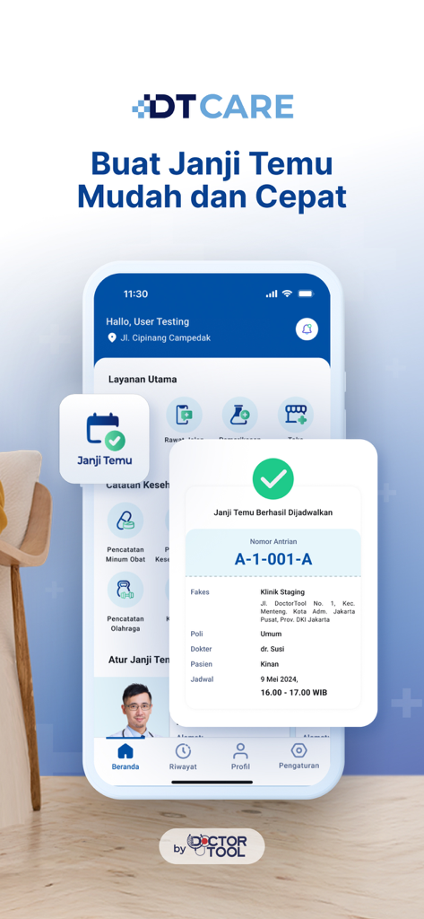 DT Care - DoctorTool Mobile - Mobile screen of DT Care app showing a confirmed doctor appointment and queue number