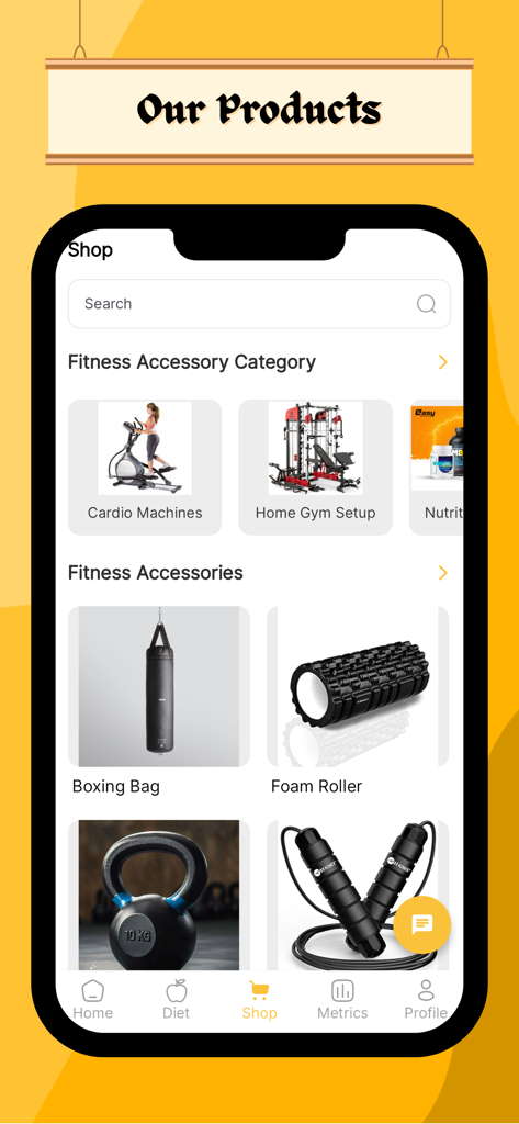Mr Coach - Interface da loja do aplicativo Mr Coach exibindo várias categorias de acessórios de fitness e equipamentos de ginástica.
