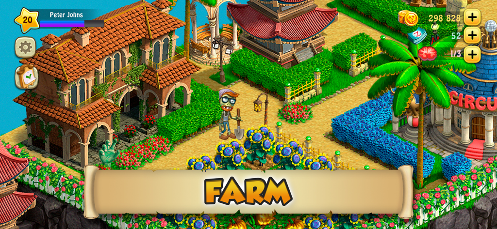 A friendly zombie character standing in a vibrant farm garden next to a Mediterranean villa and a pagoda.