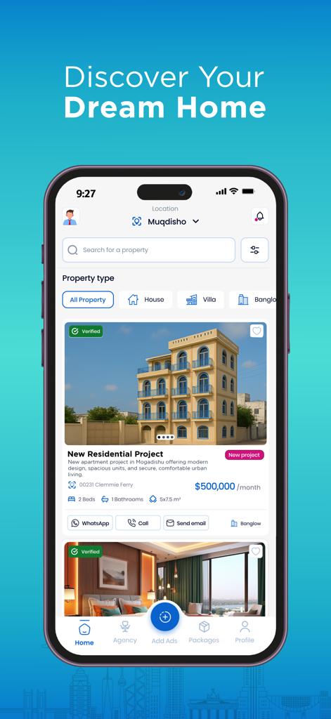 Homekey Finder アプリの不動産リスティングと検索機能が表示されたスマートフォンの画面。