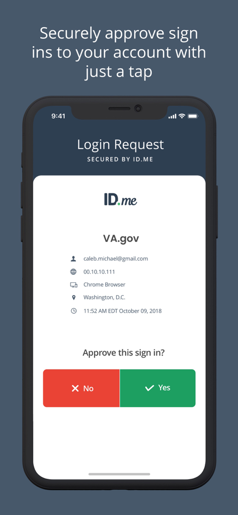 ID.me Authenticator app screen showing a secure login request for VA.gov with one-tap approve or deny buttons.