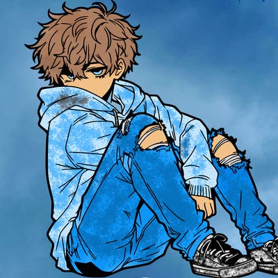 a male hoddie ripped jeans messy hair anime