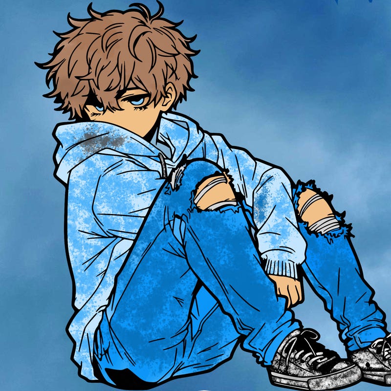 a male hoddie ripped jeans messy hair anime