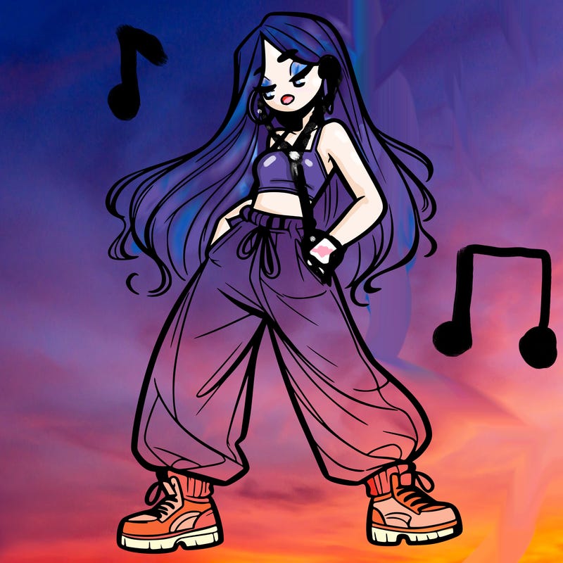 girl in baggy pants crop top and long hair