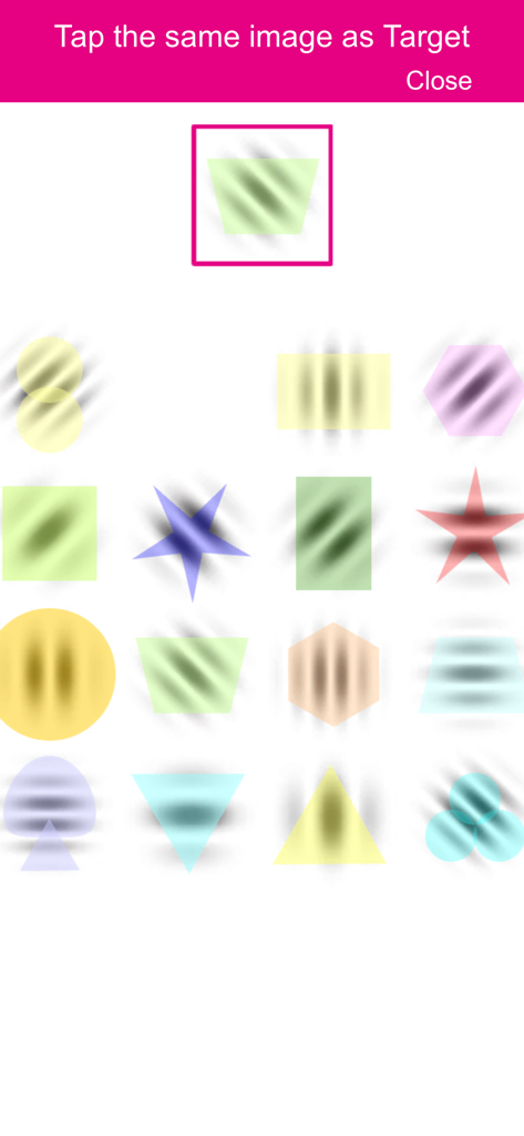 GaborPatchGame - Interface of the Gabor Scope matching game showing a target pattern and a grid of various colored shapes with Gabor patch patterns for visual training