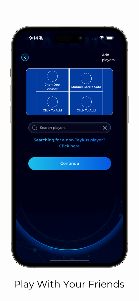 Taykus - Padel, tennis & more - Mobile screen of the Taykus app for adding players and organizing a racquet sports match
