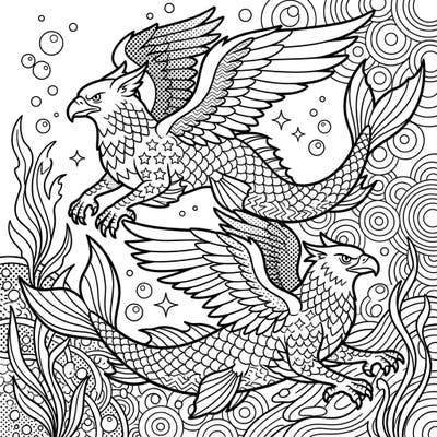 Explore the vibrant world of mythical aquatic creatures with this dynamic Pop Art Sea Griffins coloring page. Featuring bold lines and energetic patterns, it's a unique blend of fantasy and iconic artistic style.