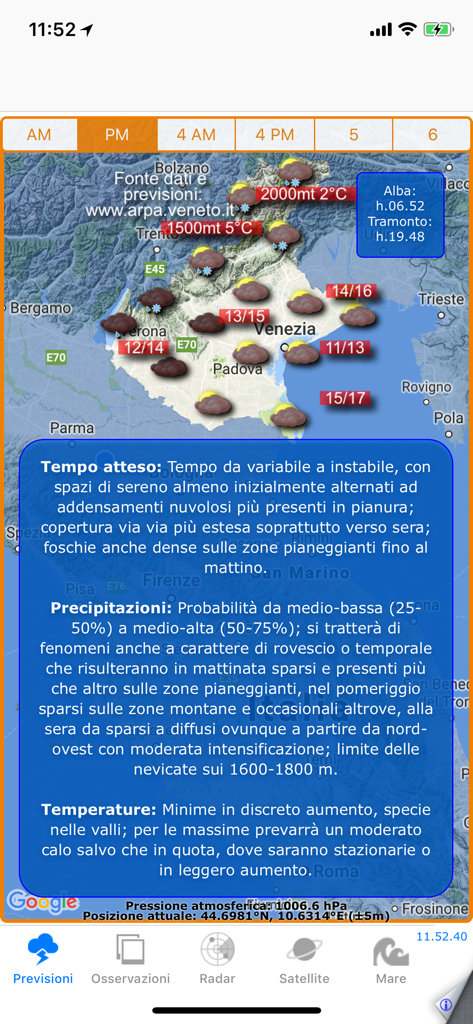 Meteo Veneto app display showing a weather map of Northern Italy with temperature icons and a detailed forecast text box.
