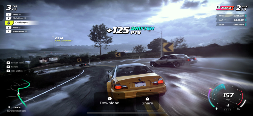 Unlimited Race Pro - High speed drifting action of a yellow sports car on a wet track in the Unlimited Race Pro mobile game