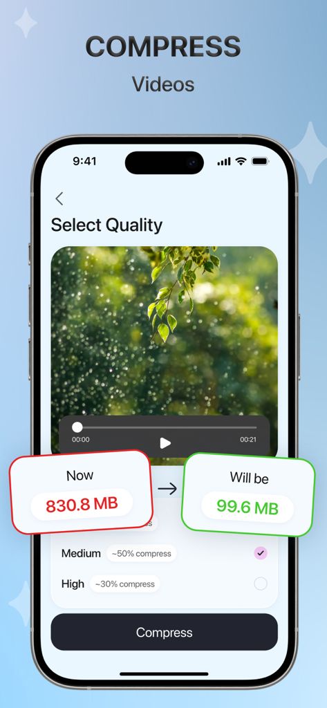 Eine mobile Oberfläche der SwiftClean-App zeigt eine Videokomprimierungsfunktion, die eine Datei von 830 MB auf 99 MB reduziert