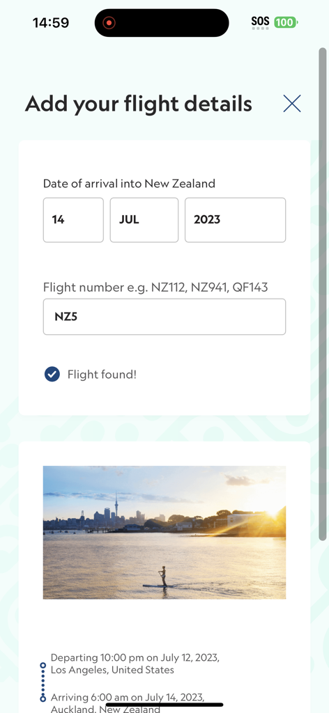 NZTD - Interfaccia dell'app NZTD che mostra l'inserimento dei dettagli del volo per un viaggio da Los Angeles ad Auckland