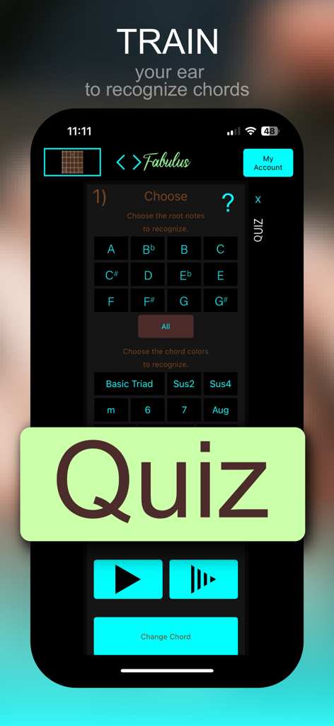 Guitar Chord Finder Fretboard - Interface de quiz de reconhecimento de acordes de guitarra para treinamento auditivo no aplicativo Fabulus