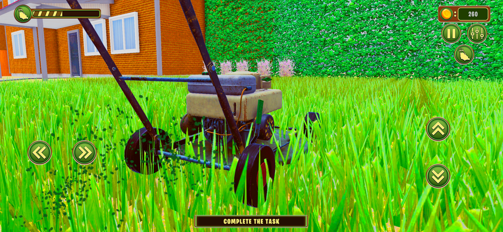 Lawn Mower - Mowing Simulator - Vista en primera persona de un cortacésped cortando hierba larga en un patio trasero