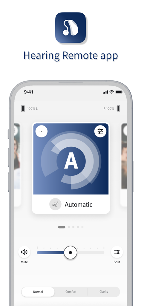 User interface of the Hearing Remote app showing volume slider and automatic sound settings
