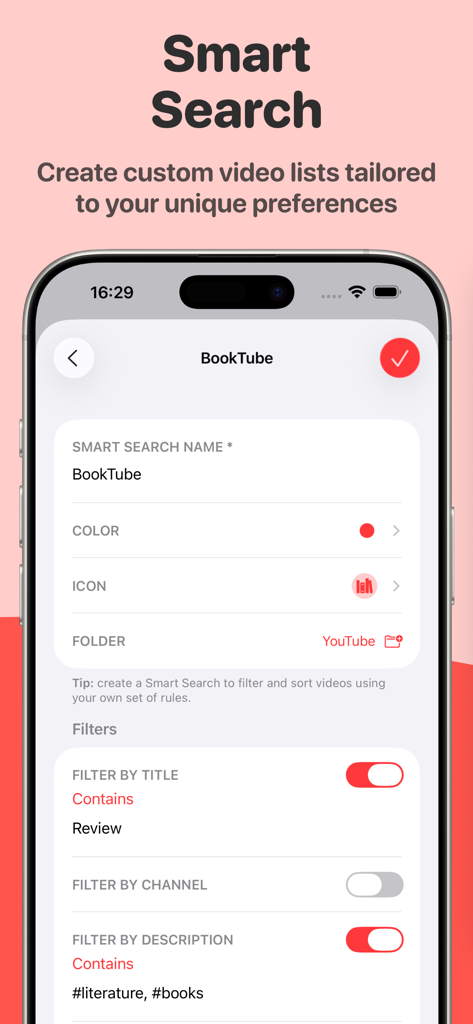 Play: Save Videos Watch Later - Oberfläche der Play App, die die Smart Search-Funktion zeigt, um benutzerdefinierte Videolisten mit Stichwortfiltern zu erstellen.