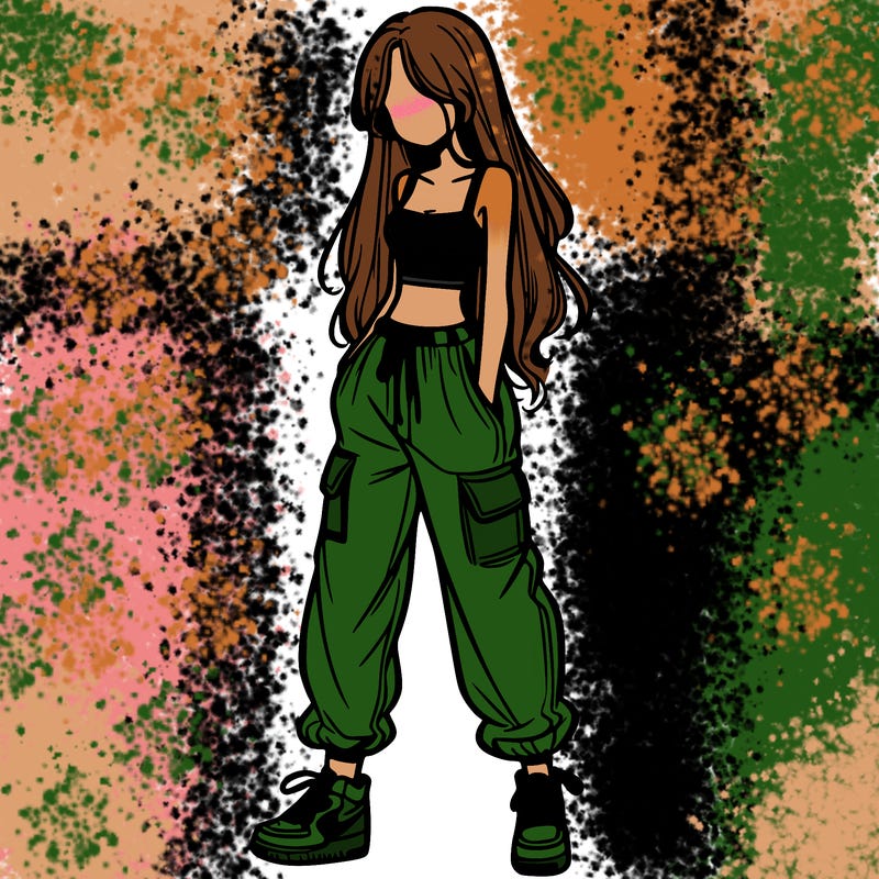 girl in baggy pants crop top and long hair