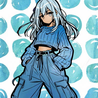 anime teen girl with baggy pants and crop top with sweater