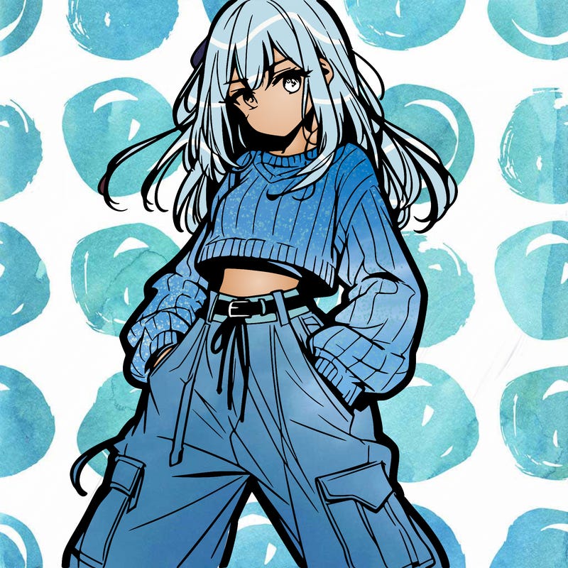 anime teen girl with baggy pants and crop top with sweater