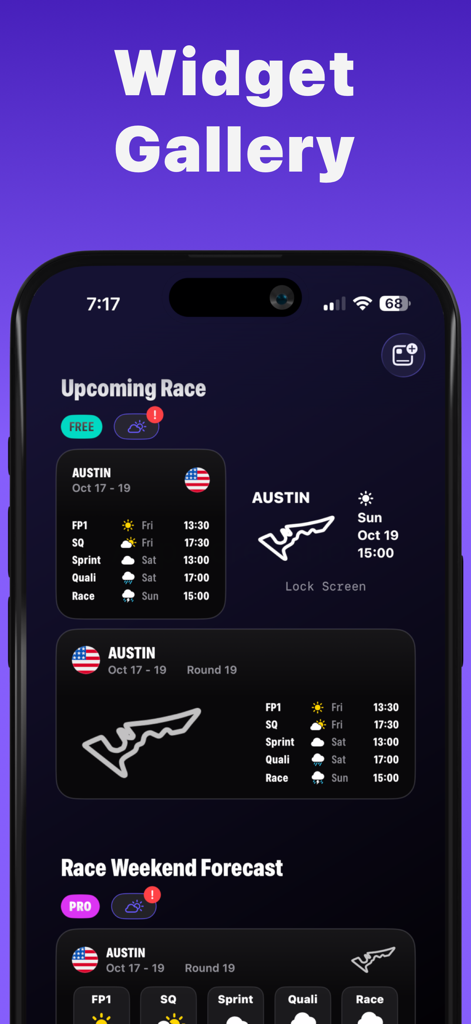 Push Push: F1 Widgets - オースティンGPの様々なレーススケジュールと天気予報ウィジェットを表示するプッシュプッシュF1アプリウィジェットギャラリー。