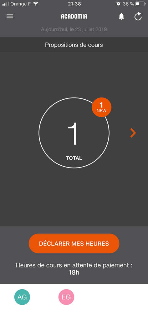 Acadomia Enseignants - Tableau de bord de l'application Acadomia Enseignants montrant les nouvelles propositions de cours et le statut des heures de tutorat
