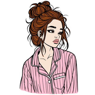 realistic woman with pajamas on and a messy bun