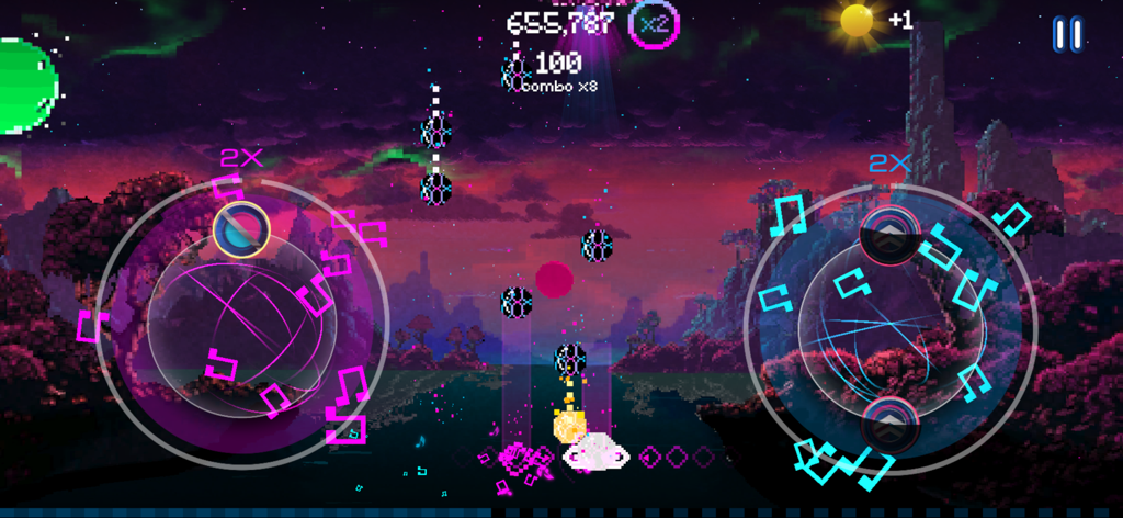 Ginst - Music Game - Gameplay of Ginst Music Game featuring neon touch controls and falling notes in arcade mode.