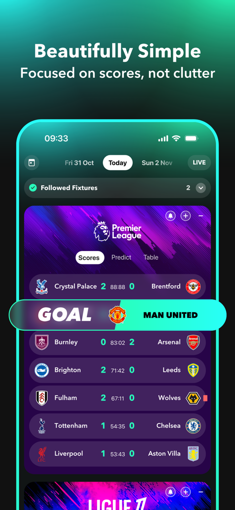 FollowScores: Live Scores - FollowScores app interface showing Premier League fixtures with live scores and a goal notification alert